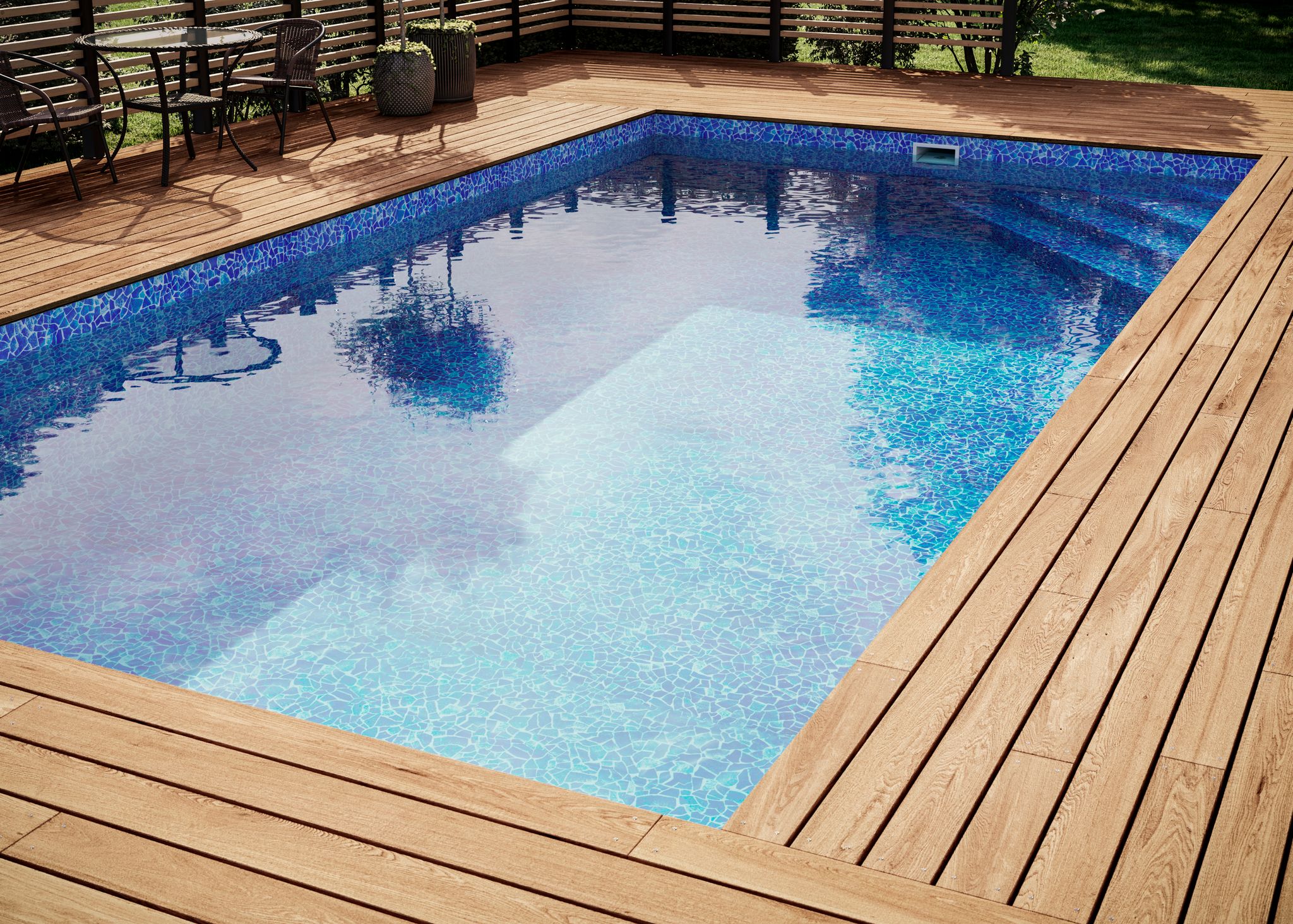 Pool 3,0 x 6,0 meter med hörn trappa höger och mönstrad liner Miami