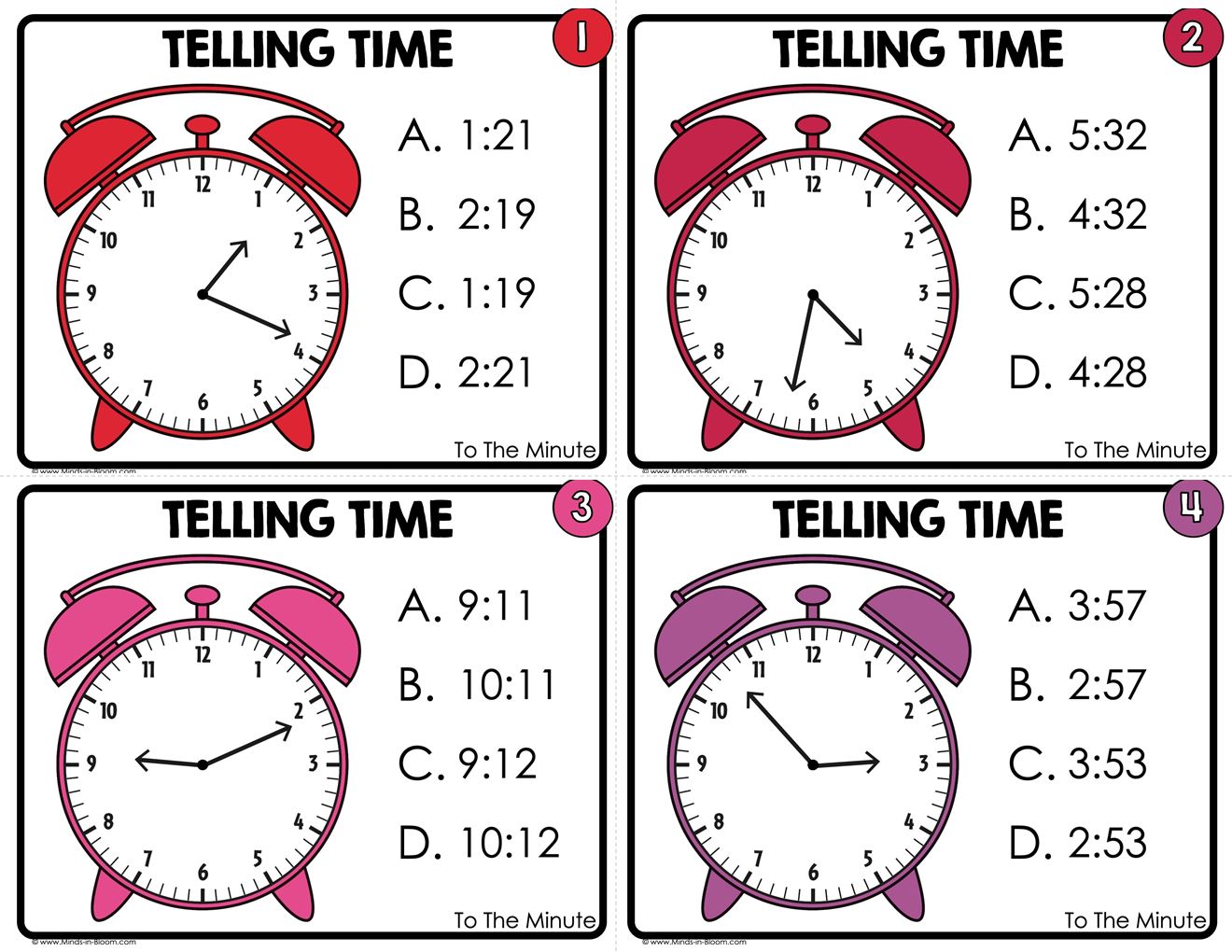 Telling Time to the Minute - Multiple Choice - COLOR - Minds in Bloom