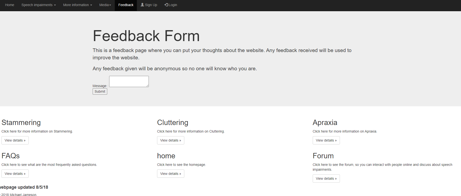 This web page allows the user to give feedback on the website.