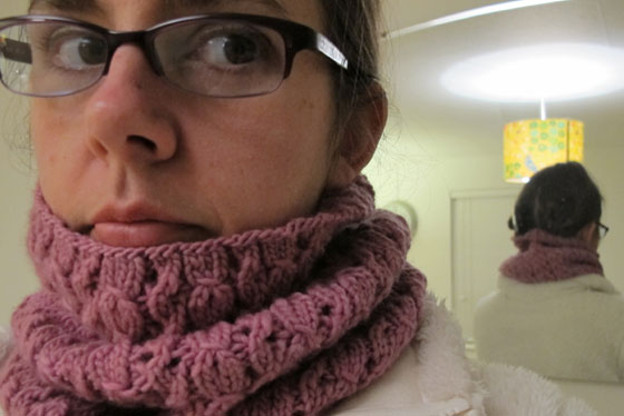 Hand-knitted neck snug for sister Louise's birthday