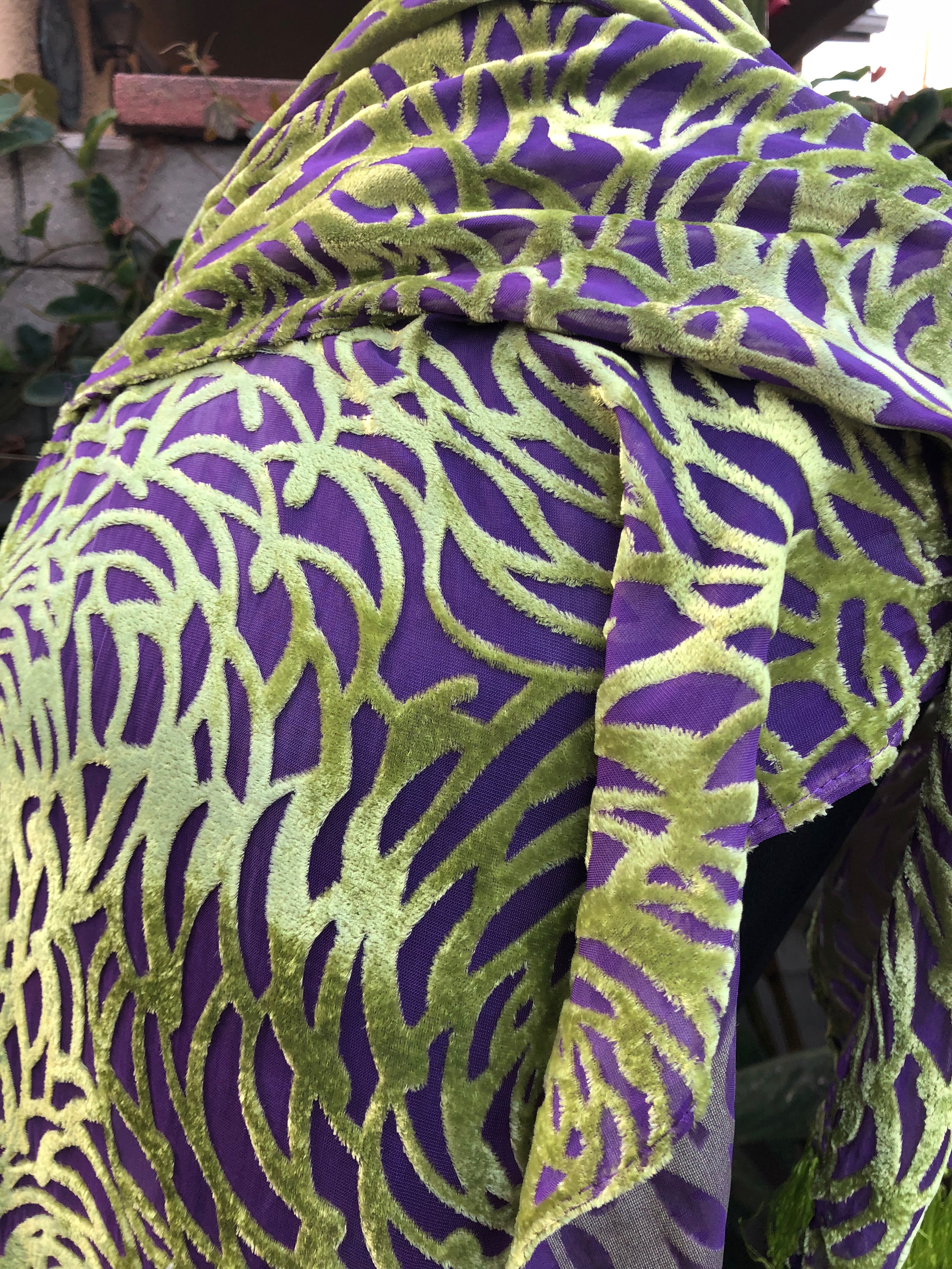 silk/rayon velvet/chiffon gold and purple peony contrast dyed scarf