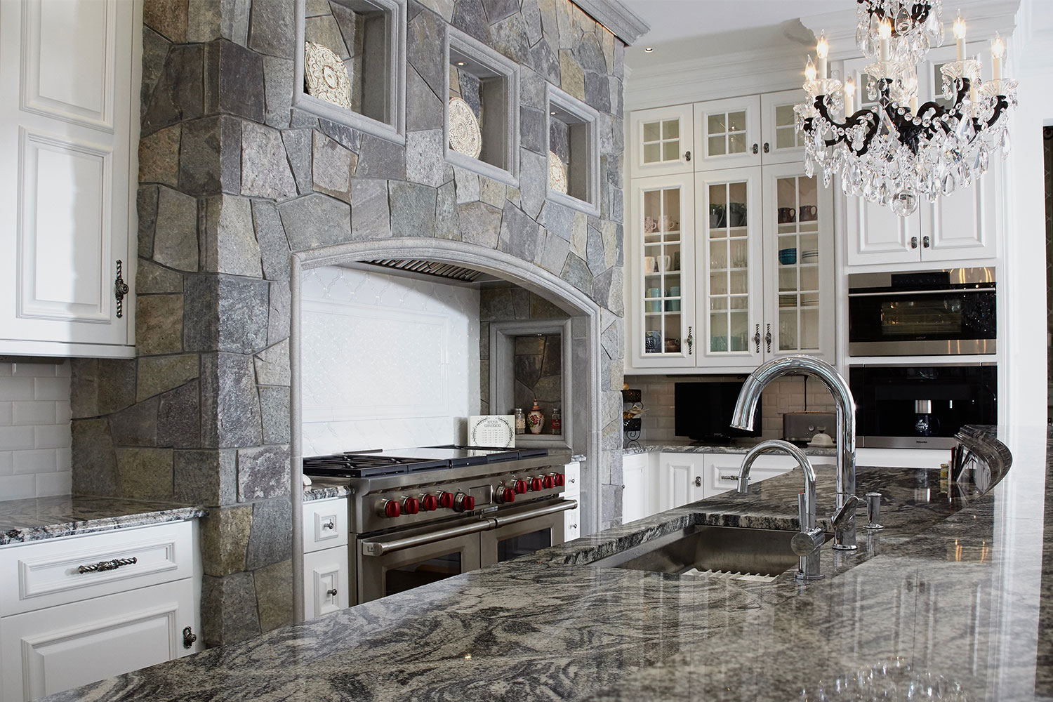 Kitchen with Range Stonework Stone Surround Michael James Design, Inc