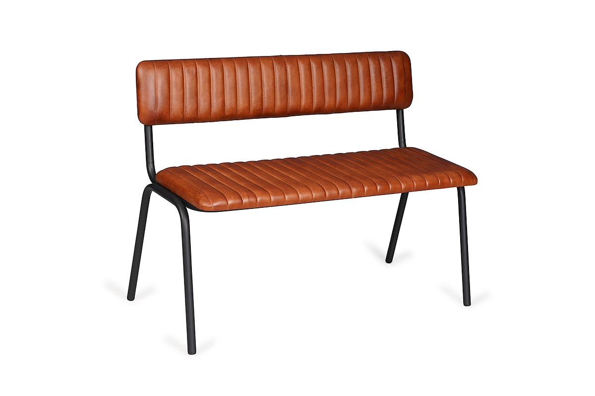 Vintage Brown Leather Bench with Back and Black Leg Michael Murphy Home Furnishing