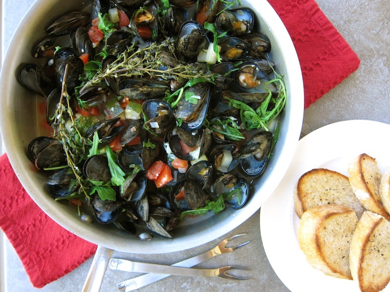 White Wine Steamed Mussels with Zucchini, Arugula and Basil Michelle