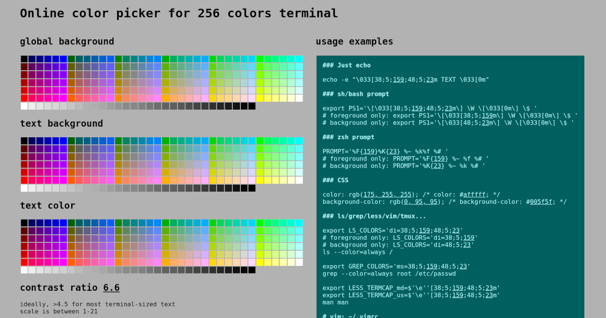 Online color picker for terminal 256 color palette. Examples for shell