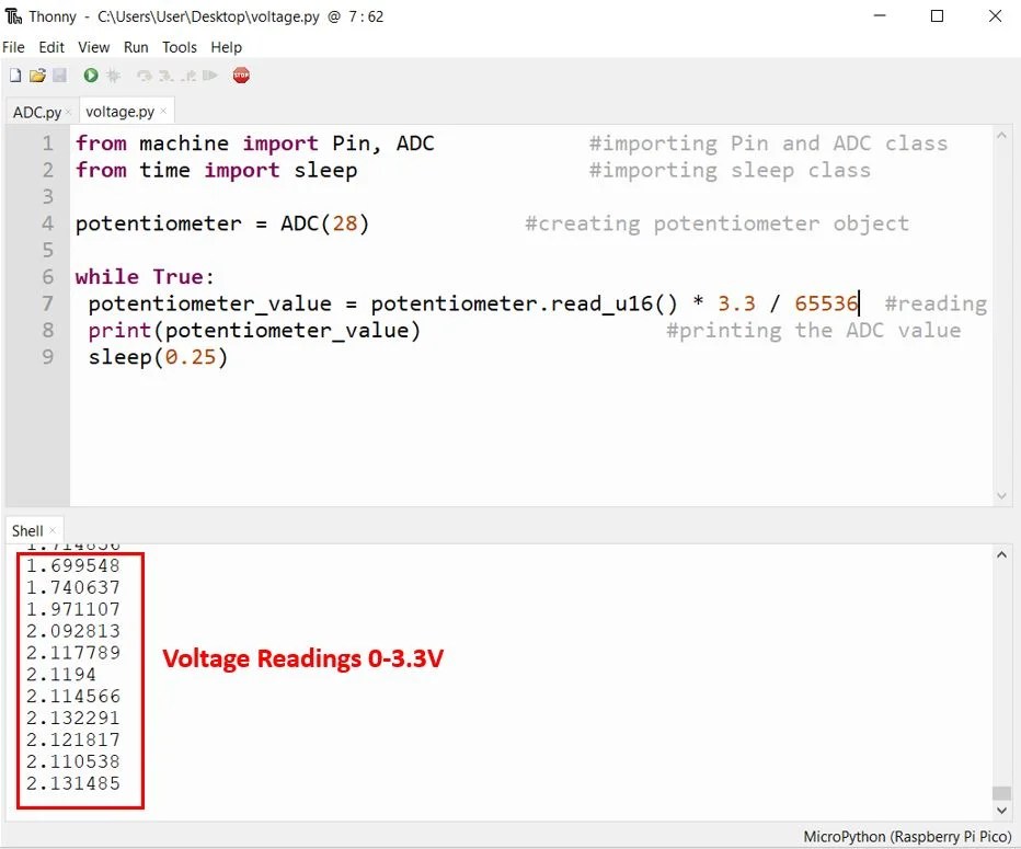 Raspberry Pi Pico ADC with Voltage Measurement Examples