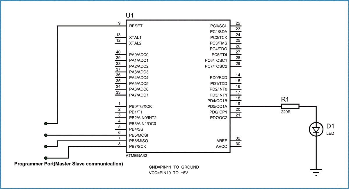Мигающий светодиод на микроконтроллере AVR ATmega32 схема и принцип работы