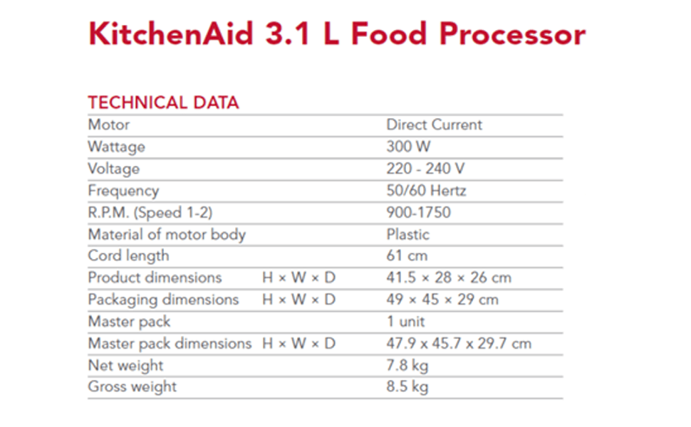 KitchenAid 3.1 Litre Food Processor, Safety Lock & Wide Mouth Feed
