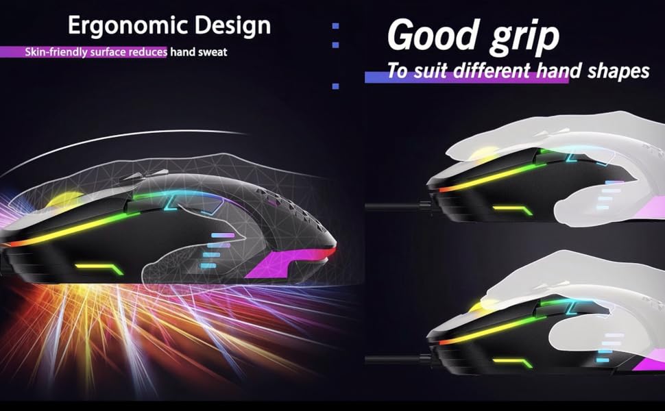 Onikuma CW902 Gaming Mouse, 7 RGB Breathing Light, Six Levels