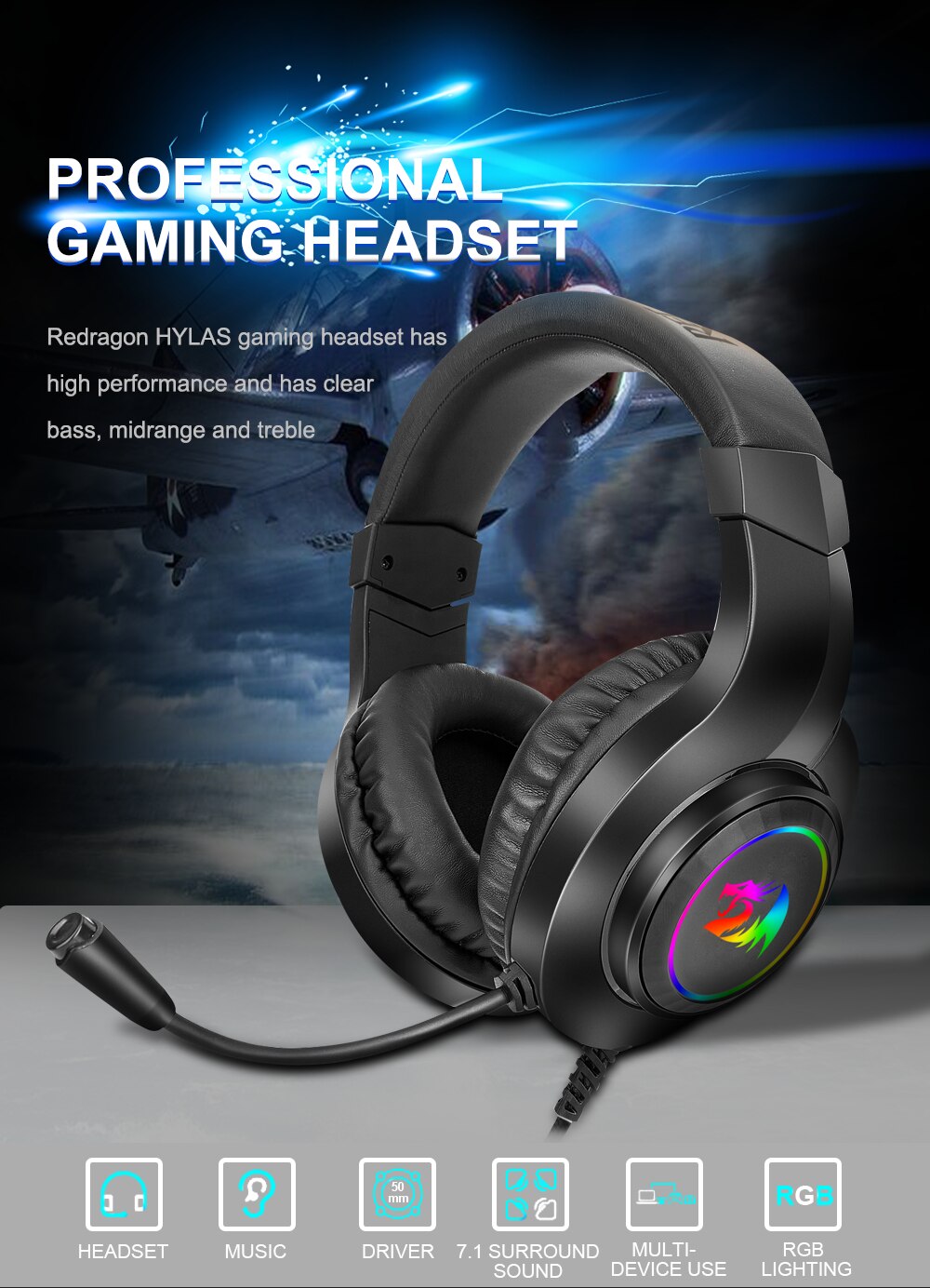 Redragon HYLAS H260 RGB gaming Headphone,3.5mm Surround sound Computer