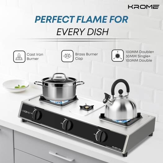 Krome Gas Stove 3 Burners, Auto Ignition, Two 100MM + Single 30MM Brass
