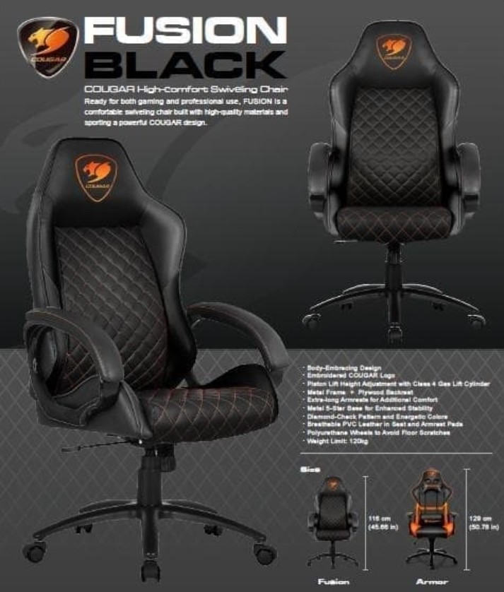 Cougar Fusion Black Gaming Chair (180º Reclining and Height Adjustment