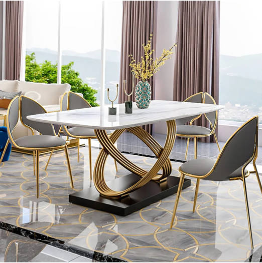 Jilphar Furniture Luxury Dining Table 6 Seater Marble Top With Designed Base, 75x160x90 Cm