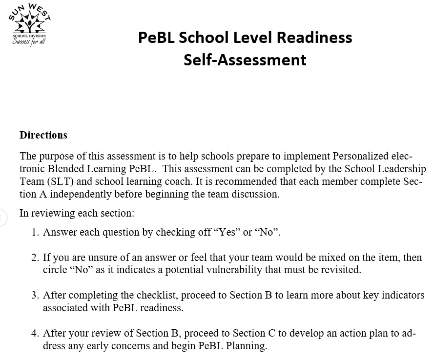 PeBL School Readiness Assessment Resource Bank
