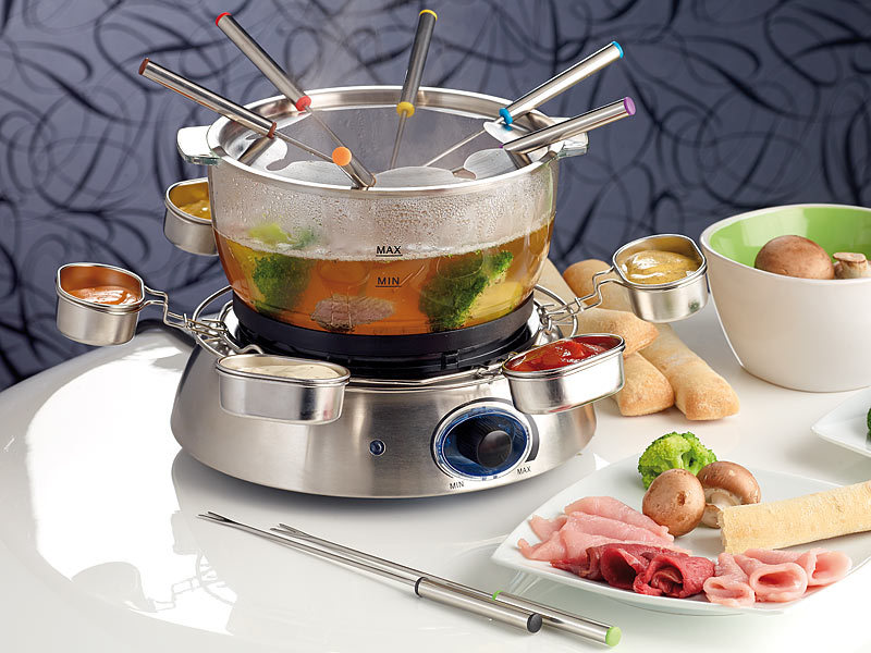 Rosenstein & Söhne Elektro Fondue Elektrisches FondueSet mit Glasschale, 1.300 Watt (Fondue