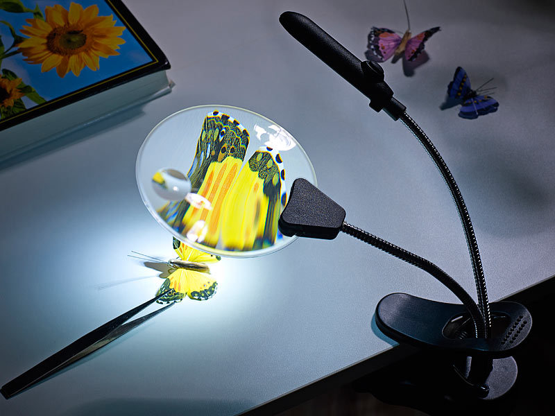 PEARL Arbeitslupe mit Licht Tischlupe mit Klemmhalterung und 4 LEDs