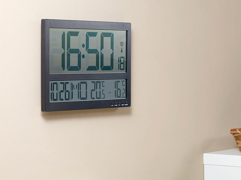 infactory Digitale FunkWanduhr mit JumboLCDDisplay und Außensensor, 3 Kanäle