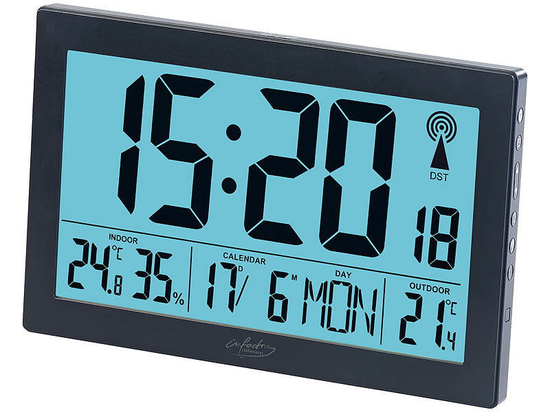 infactory Digitaluhr XLFunkuhr mit DoppelWecker, Thermo/Hygrometer, Tag, Datum, schwarz