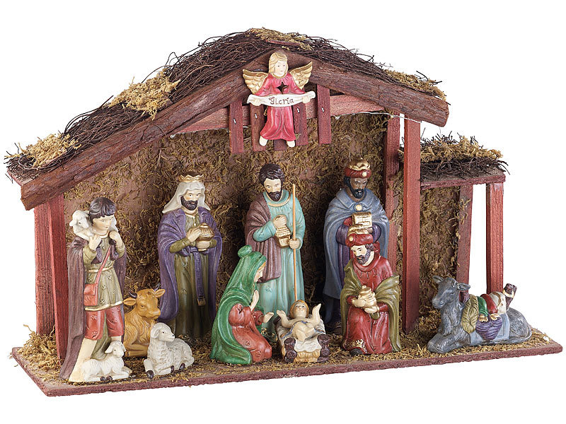 PEARL Weihnachtsdeko Große Weihnachtskrippe mit 11 PorzellanFiguren