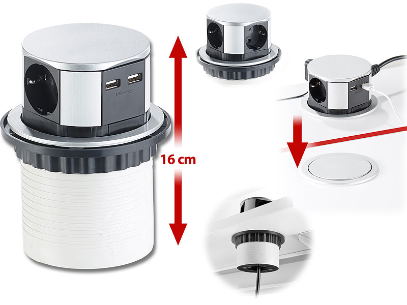 revolt Versenkbare EinbauTischSteckdose, 3fach mit 2x USB, rund, Ø
