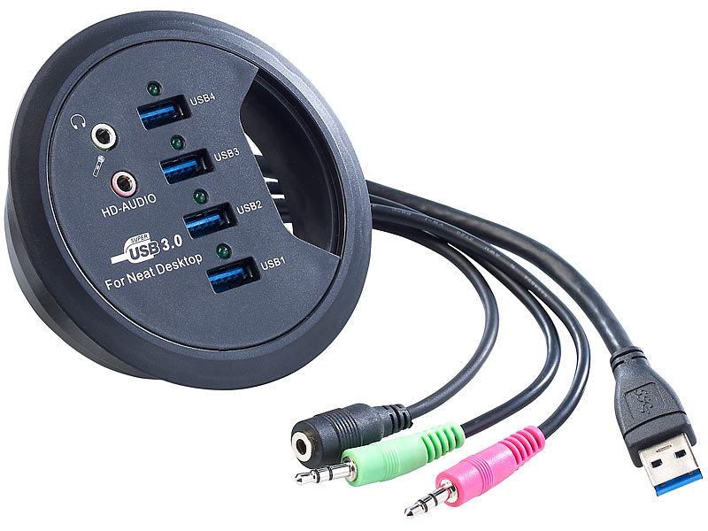 Xystec USB EInbauhub TischKabeldose 80mm mit 4PortUSB3.0Hub und Audioanschluss (USB Einbau)