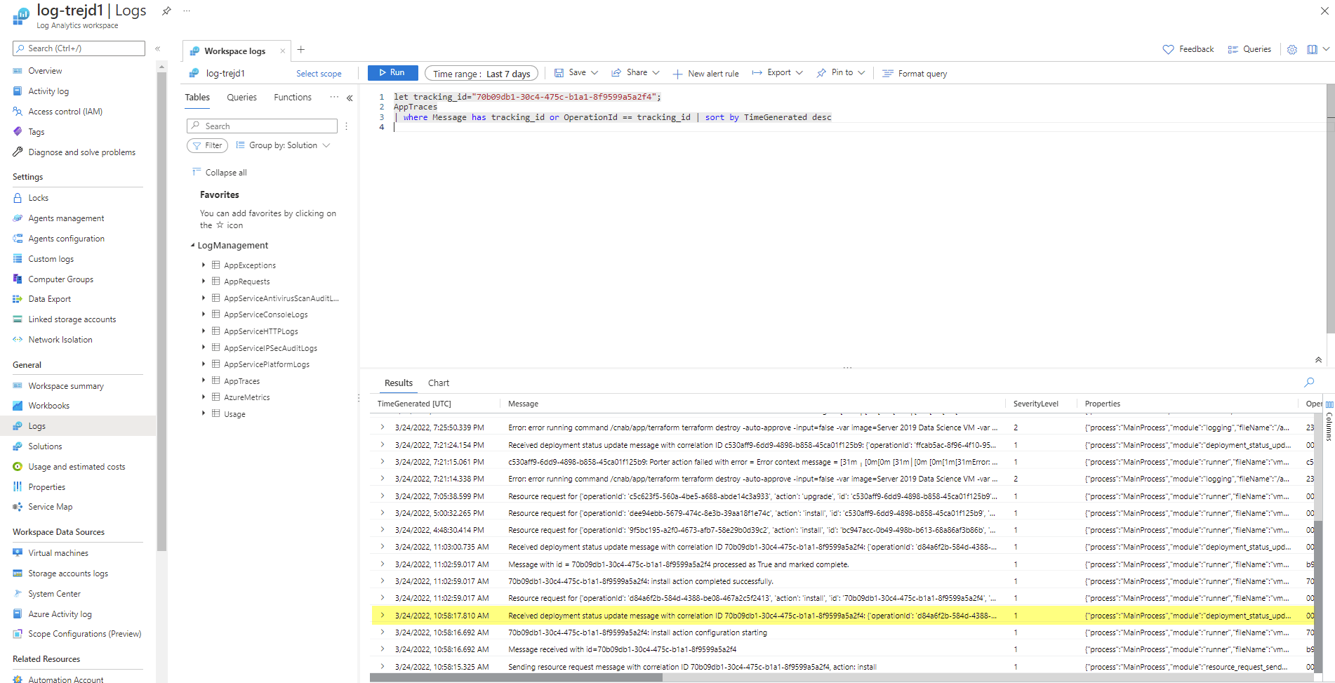 Checking Logs in Application Insights Azure TRE