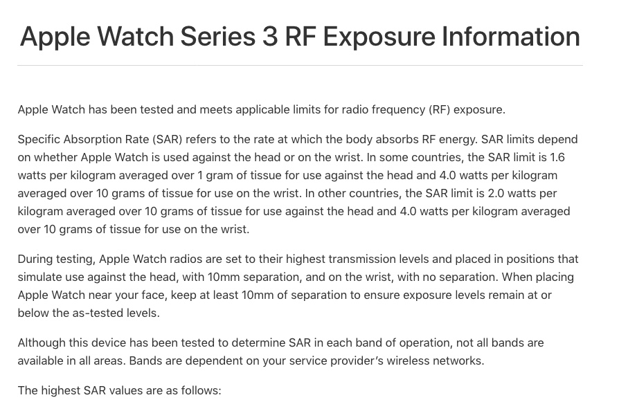 apple watch series 3 radiation