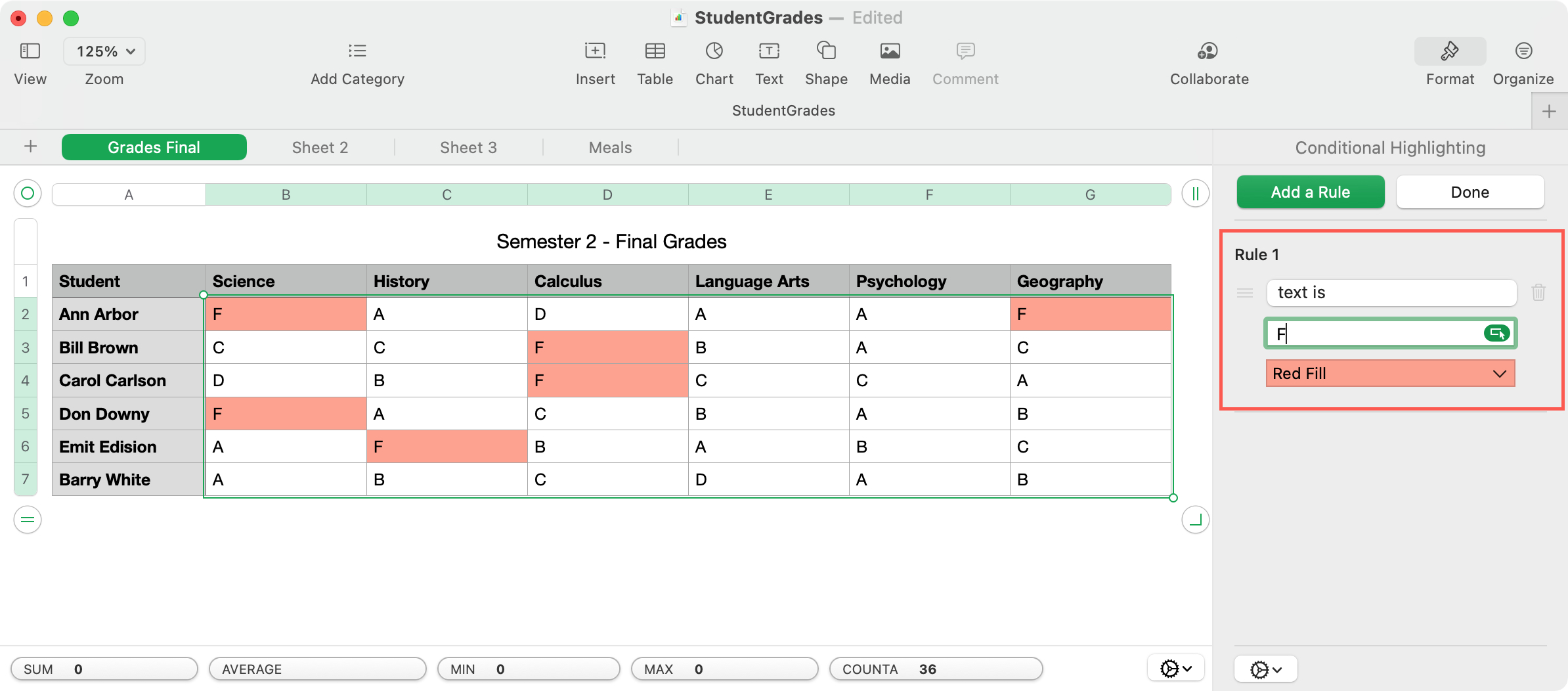 How to apply conditional highlighting (formatting) in Numbers Mid