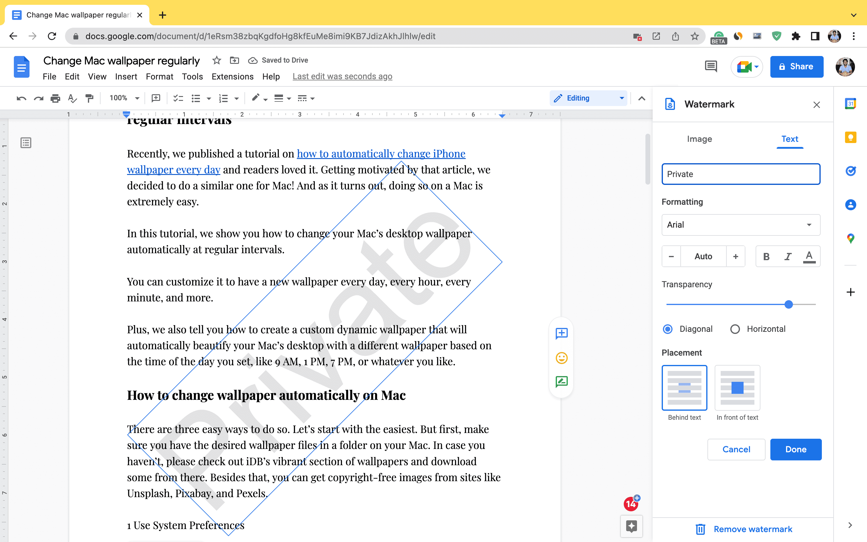 How to add a text or image watermark to your documents in Google Docs