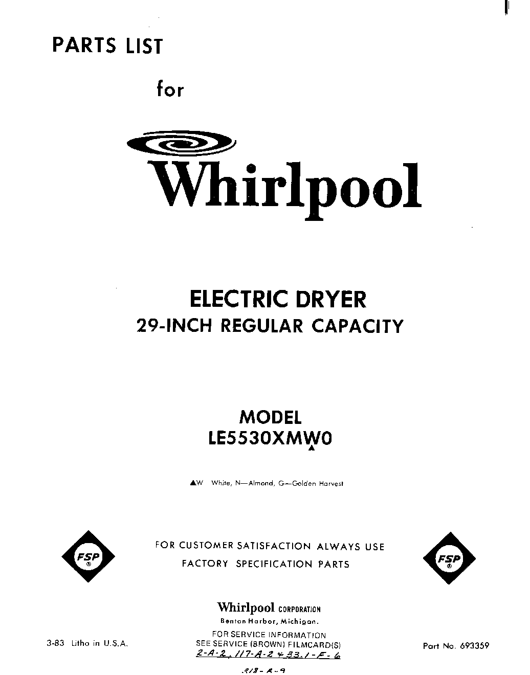 Parts and plans for Whirlpool Electric Dryer model LE5530XMW0 at Midbec