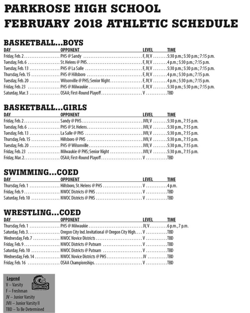 February 2018 Parkrose High School Athletic Schedule Midcounty Memo