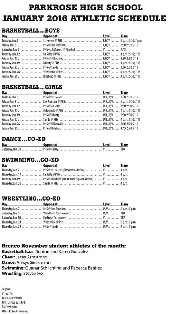 January 2016 Parkrose High School Athletic Schedule Midcounty Memo