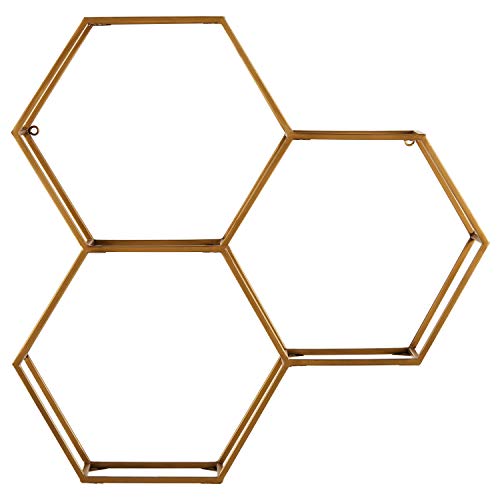 Rivet Modern Hexagon Floating Wall Shelf, Gold Mid Decco