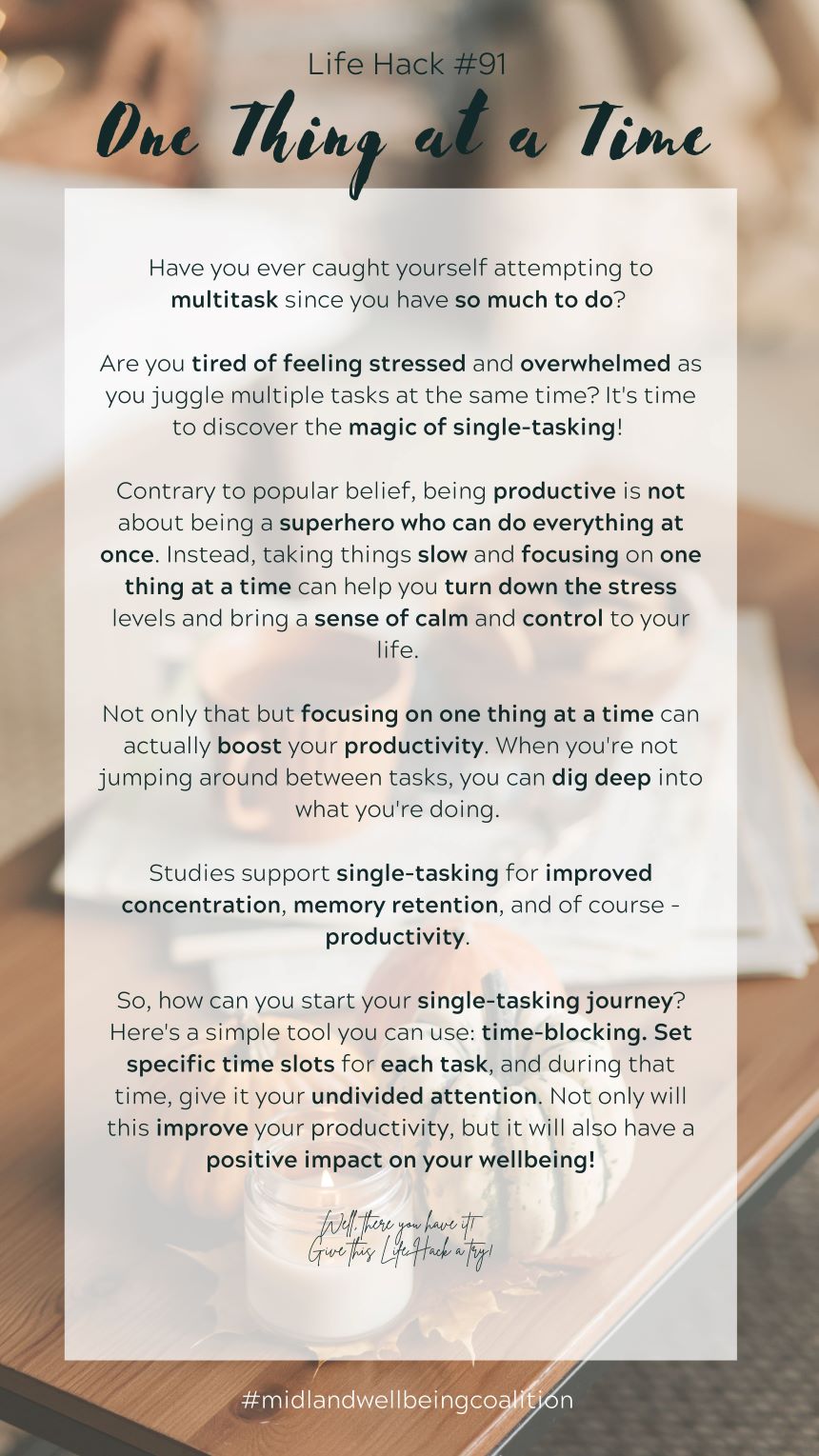 Life Hack 91 One Thing at a Time Midland Area Wellbeing Coalition
