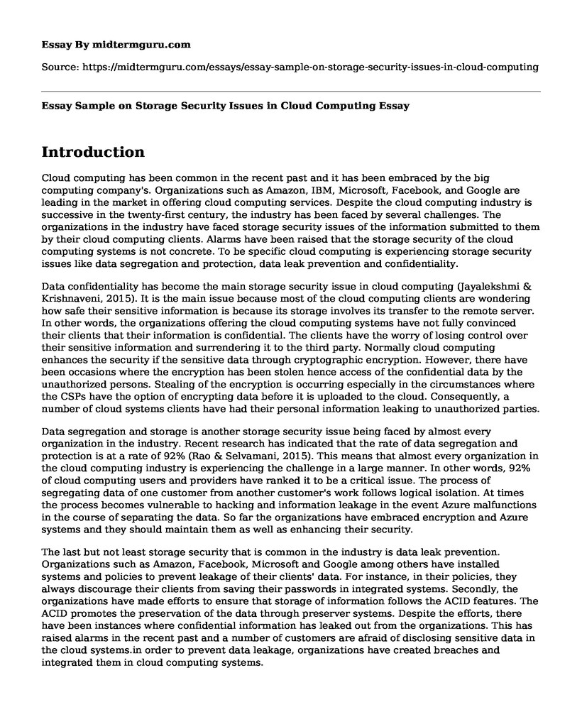 📚 Essay Sample on Storage Security Issues in Cloud Computing Free
