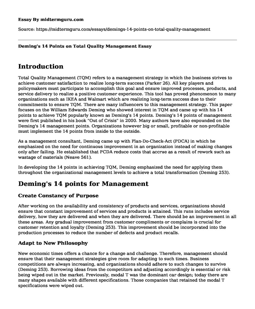 📚 Deming's 14 Points on Total Quality Management Free Essay, Term