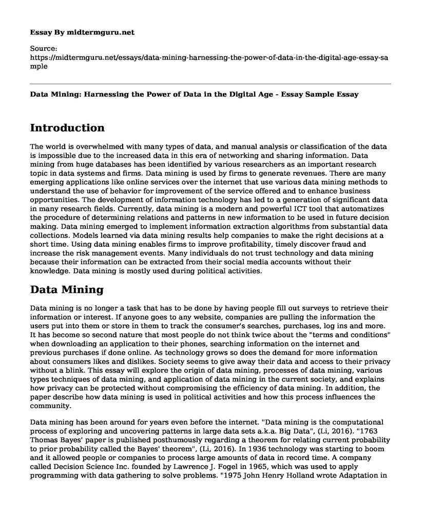 📗 Data Mining Harnessing the Power of Data in the Digital Age Essay