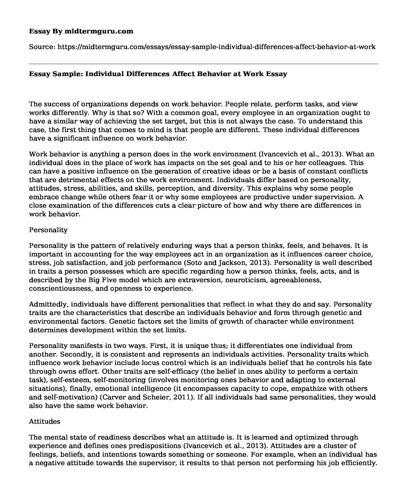 📗 Essay Sample Individual Differences Affect Behavior at Work Free