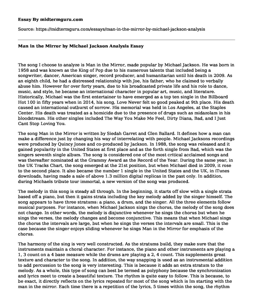 📚 Man in the Mirror by Michael Jackson Analysis Free Essay, Term