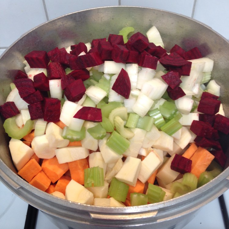 Vegie Soup in the (old style) pressure cooker Fun Fair