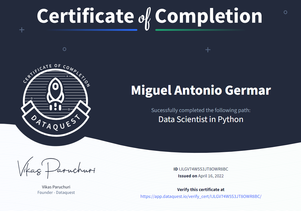 Completed an Online Course Dataquest Data Scientist in Python MG Data Science
