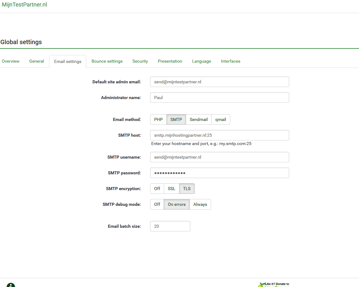 Limesurvey SMTP settings