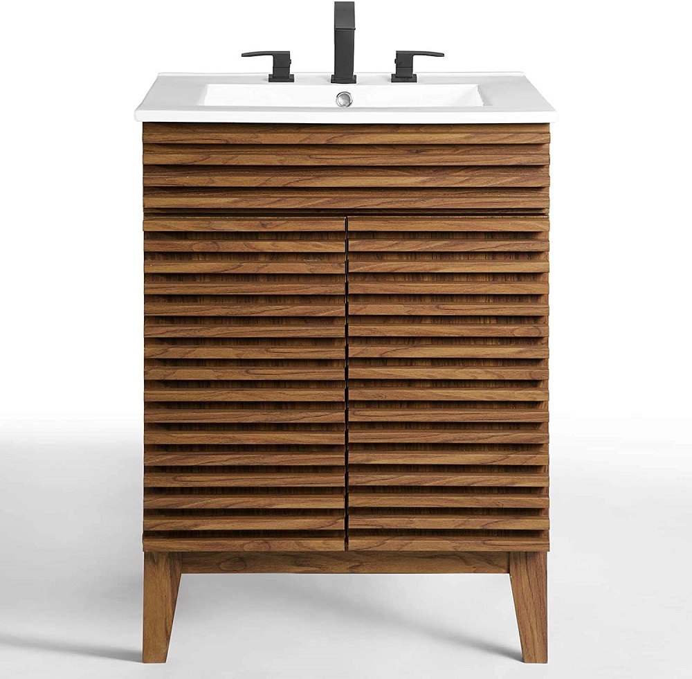 MidCentury Modern Bathroom Vanity Walnut Grain Laminate Tapered Legs White Sink eBay