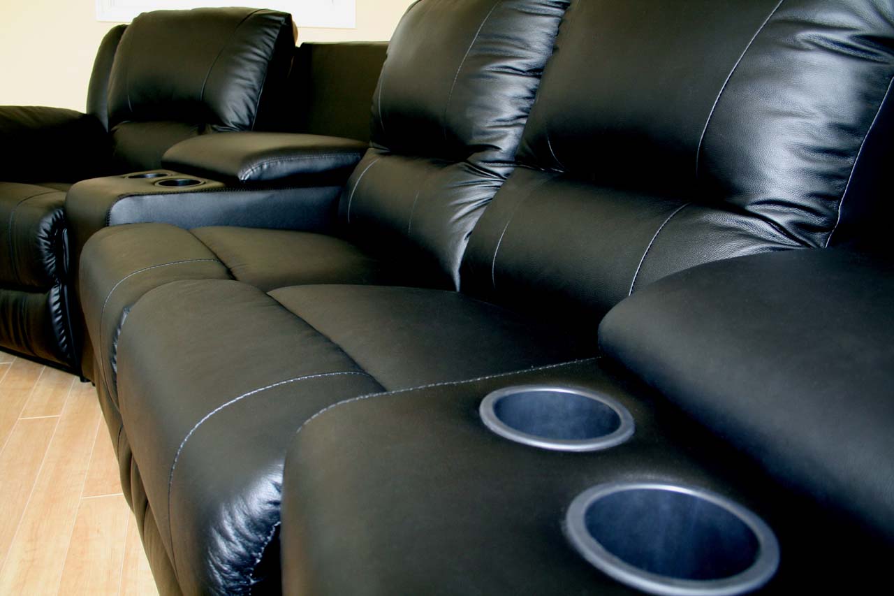 HOME THEATER SEATING BLACK GENUINE REAL LEATHER SECTIONAL RECLINING