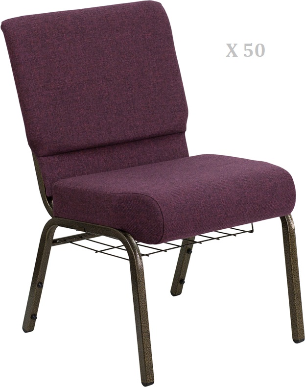 50x Plum 21'' Wide Church Chairs Gold Frame Book Rack 4” Seat Cushion