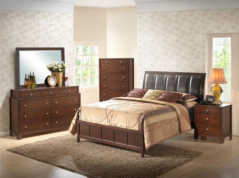 MODERN 5 PIECE DARK BROWN BEDROOM SET FAUX LEATHER HEADBOARD QUEEN/KING