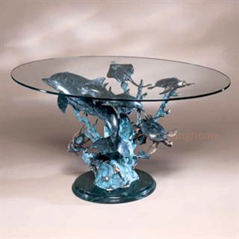 DOLPHIN TURTLE FISH RAY SEAWORLD BRASS SCULPTURE COFFEE GLASS TOP TABLE