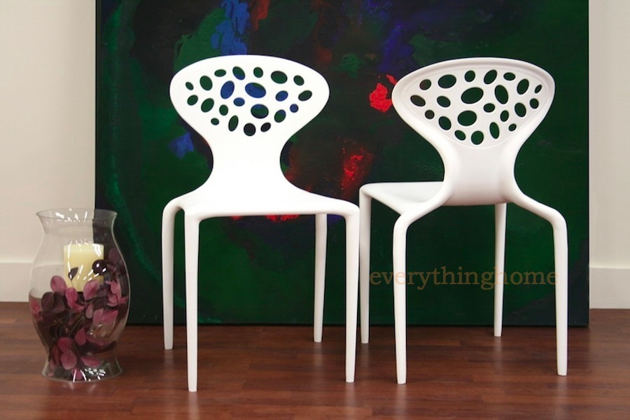 2 White Plastic Molded Dining Patio Chairs Cutout Back Stackable Lovegrove Style eBay