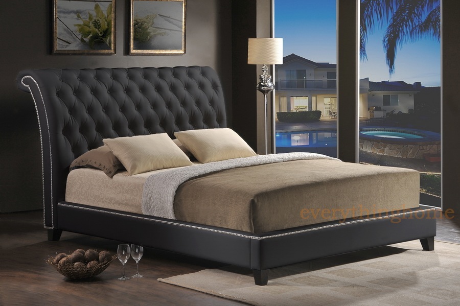 BLACK FAUX LEATHER TUFTED QUEEN KING PLATFORM BED SCROLLBACK HEADBOARD