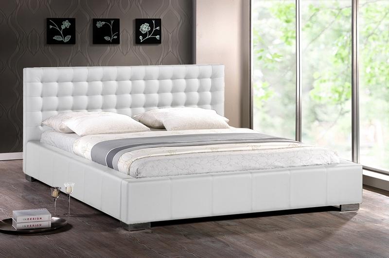 MODERN WHITE FAUX LEATHER QUEEN KING PLATFORM BED FRAME TUFTED STUFFED